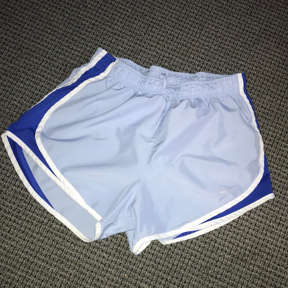 Nike Women's Light Blue Track Shorts with White Trim and Blue Side Panels